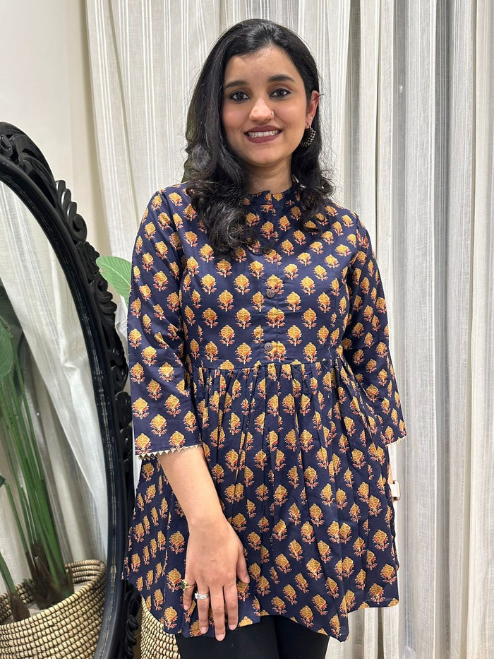 Cotton Peplum Top- Navy Yellow Booti