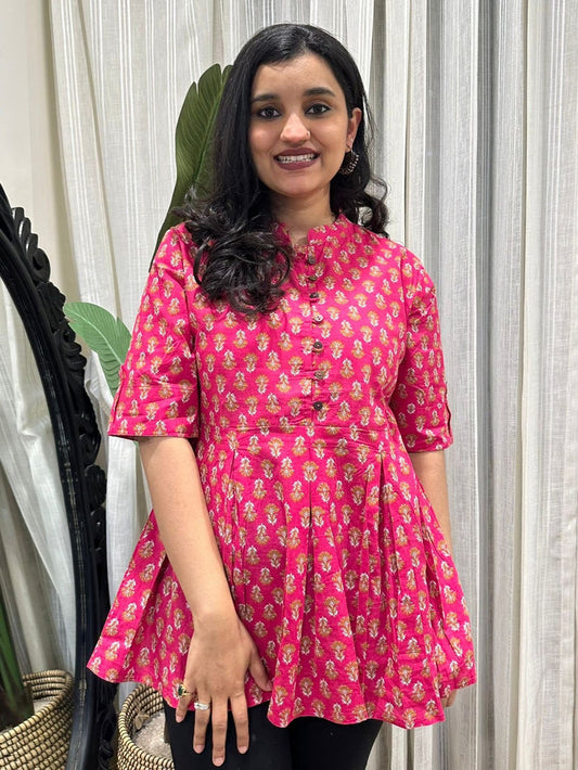 Cotton Peplum Top- Pink Booti