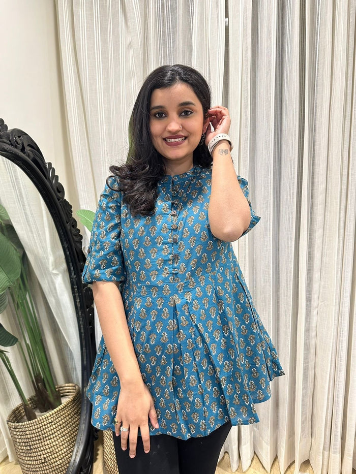 Cotton Peplum Top- Teal Booti