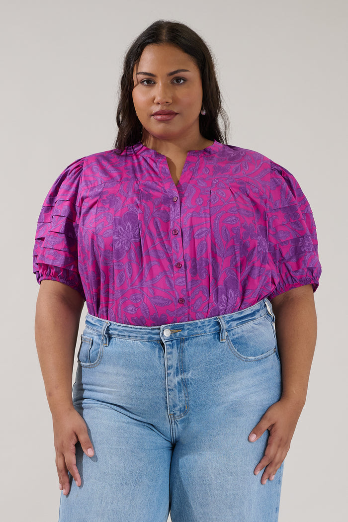 Court Button Down Top Floral Curve