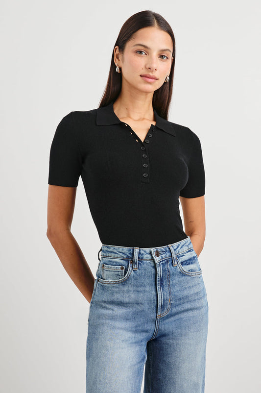 Court Polo Ribbed Knit Short Sleeve Top In Colorway Black - Front View Tucked In Featured On Model