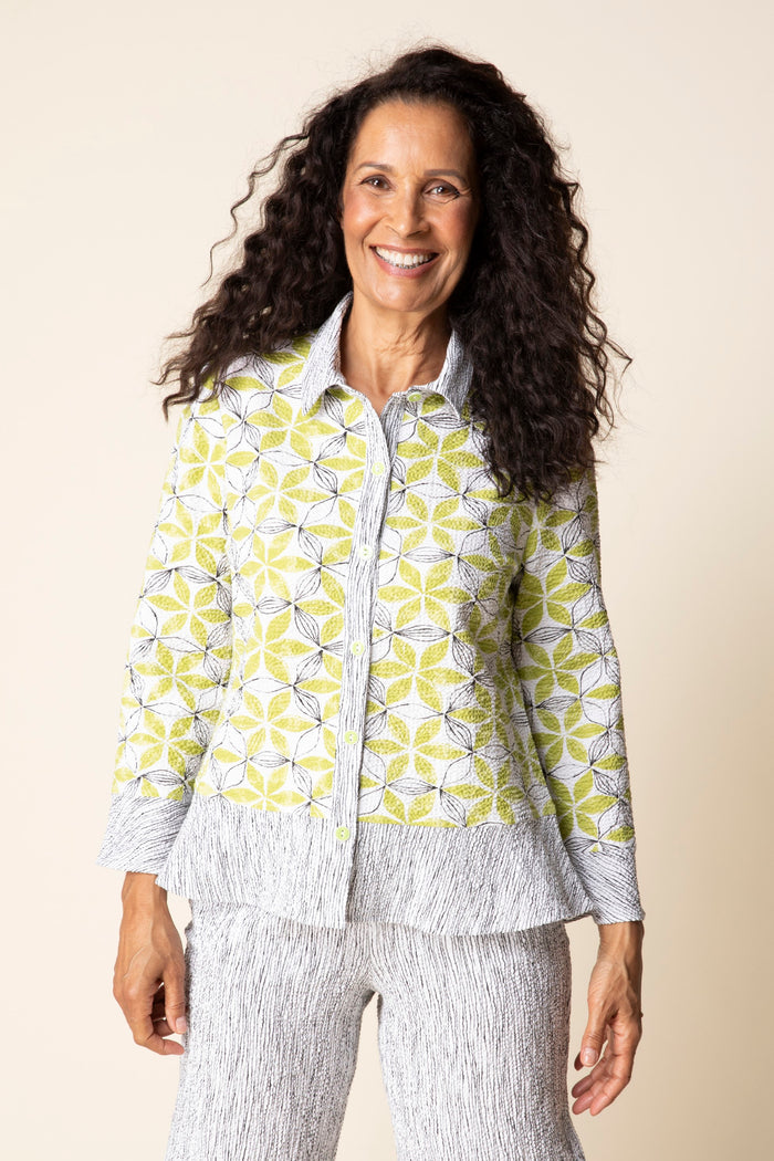Crinkle Crepe Floral Mix Flounce Shirt - 21622