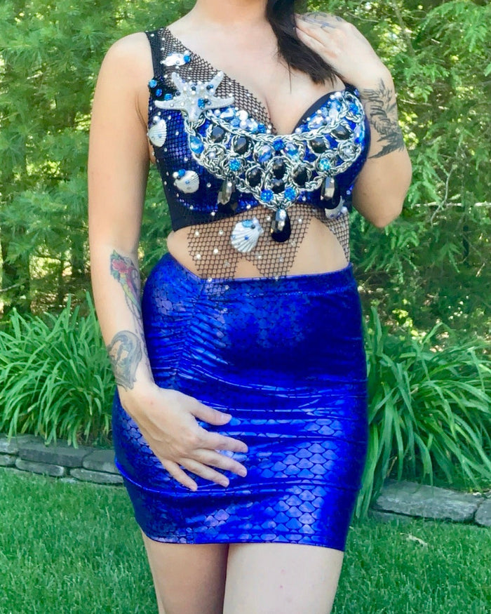 Dark Blue Scale Siren Mermaid Bra and High Waisted Spandex Skirt