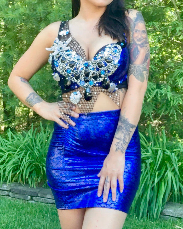 Dark Blue Scale Siren Mermaid Bra and High Waisted Spandex Skirt