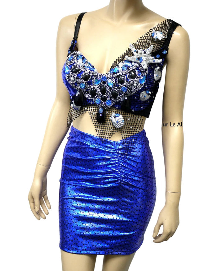 Dark Blue Scale Siren Mermaid Bra and High Waisted Spandex Skirt
