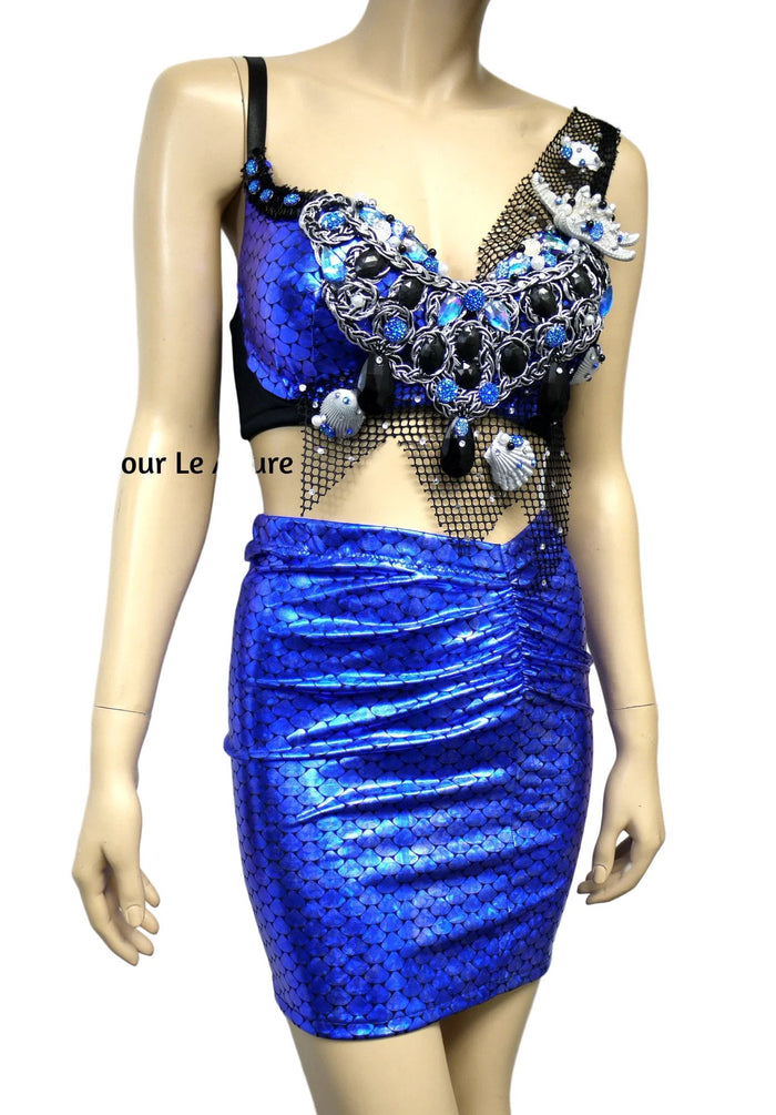 Dark Blue Scale Siren Mermaid Bra and High Waisted Spandex Skirt