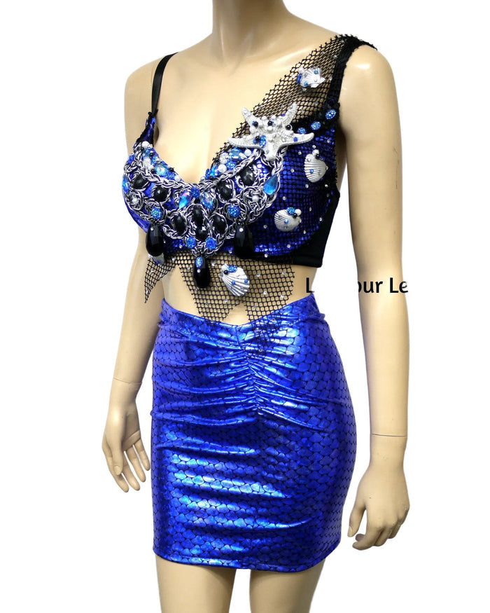 Dark Blue Scale Siren Mermaid Bra and High Waisted Spandex Skirt