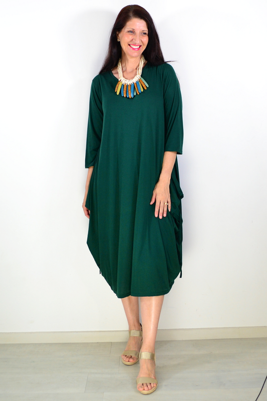 Dark green oversized tunic dress by Lilia Whispers, relaxed fit with long sleeves and a flowing silhouette.