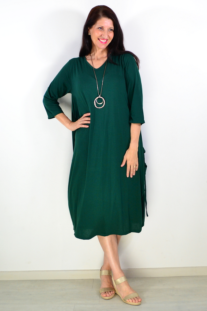 Dark green relaxed oversized tunic dress by Lilia Whispers, featuring a loose fit and comfortable style, shown on a model.