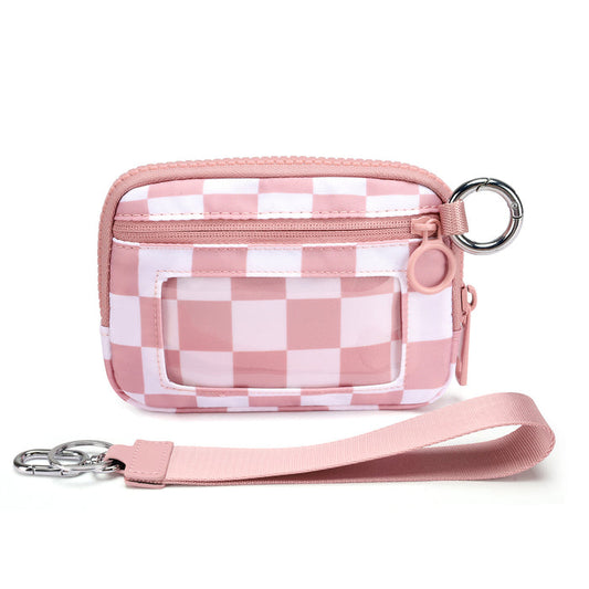 Dark Pink Checkered Mini Zippered Wristlet Wallet