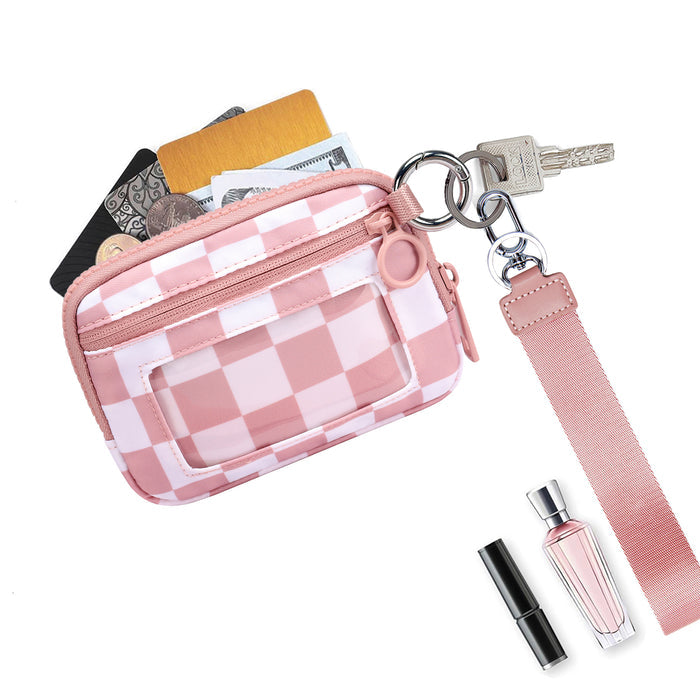 Dark Pink Checkered Mini Zippered Wristlet Wallet