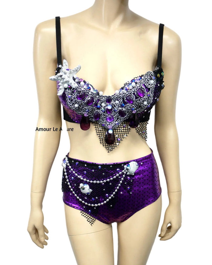 Dark Purple Scale Siren Mermaid Bra and High Waisted Scunchie Bottom