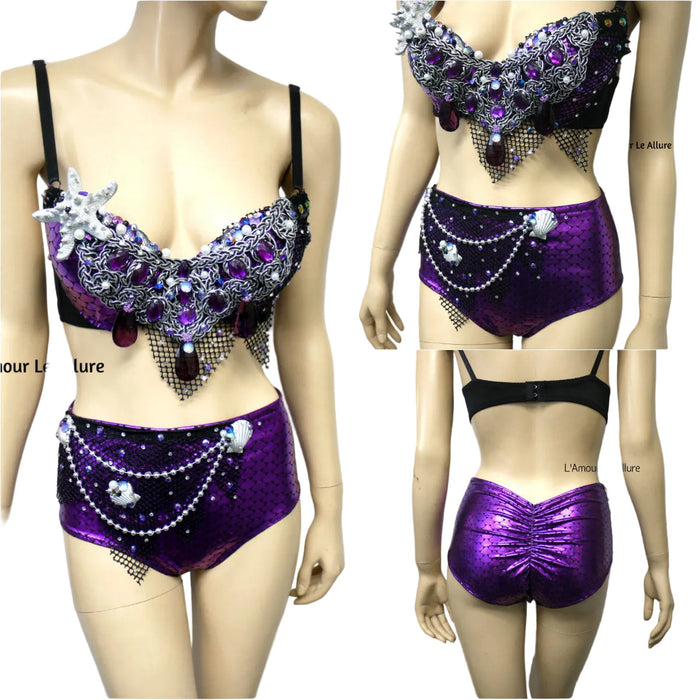 Dark Purple Scale Siren Mermaid Bra and High Waisted Scunchie Bottom