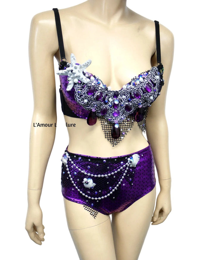 Dark Purple Scale Siren Mermaid Bra and High Waisted Scunchie Bottom