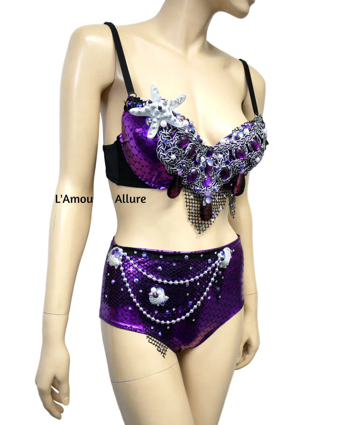 Dark Purple Scale Siren Mermaid Bra and High Waisted Scunchie Bottom