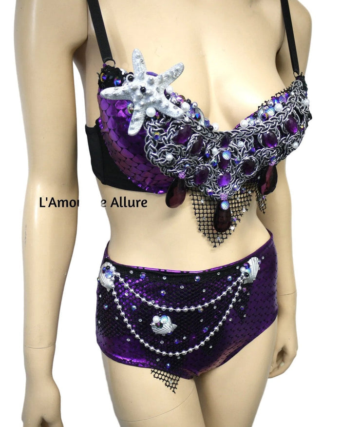 Dark Purple Scale Siren Mermaid Bra and High Waisted Scunchie Bottom