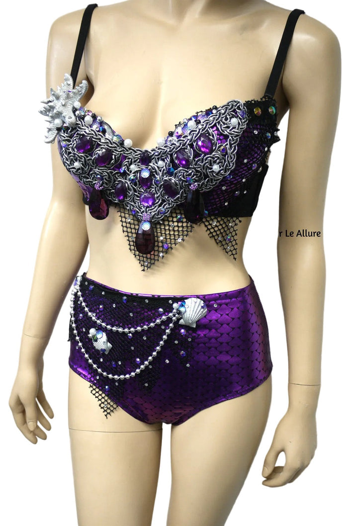 Dark Purple Scale Siren Mermaid Bra and High Waisted Scunchie Bottom