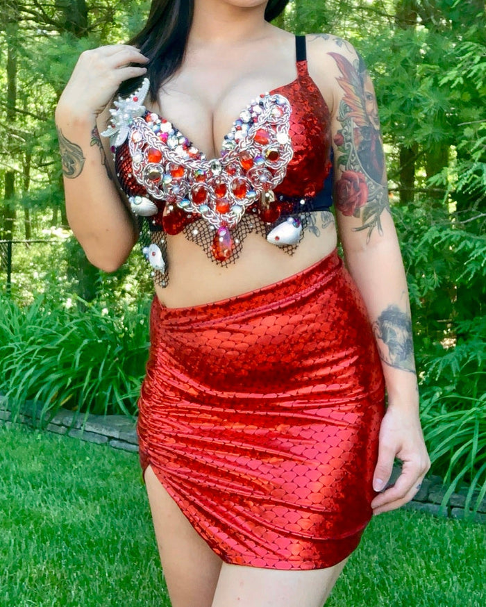 Dark Red Scale Siren Mermaid Bra and High Waisted Spandex Skirt