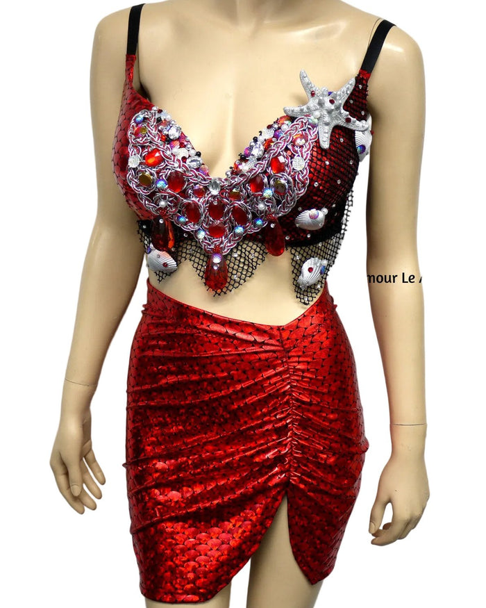 Dark Red Scale Siren Mermaid Bra and High Waisted Spandex Skirt