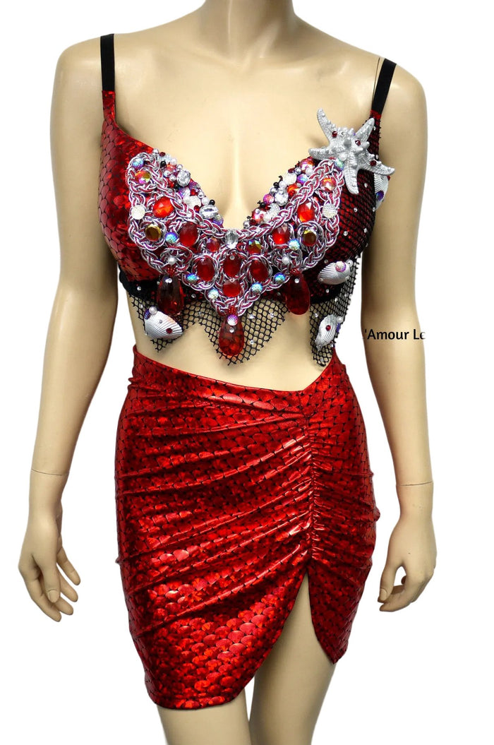 Dark Red Scale Siren Mermaid Bra and High Waisted Spandex Skirt