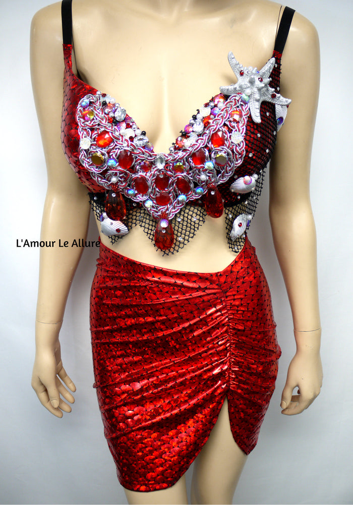 Dark Red Scale Siren Mermaid Bra and High Waisted Spandex Skirt