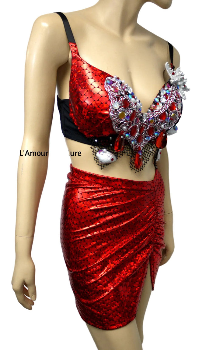 Dark Red Scale Siren Mermaid Bra and High Waisted Spandex Skirt