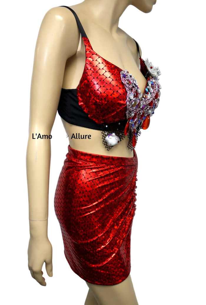Dark Red Scale Siren Mermaid Bra and High Waisted Spandex Skirt