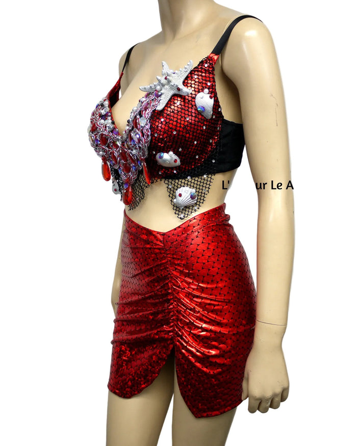 Dark Red Scale Siren Mermaid Bra and High Waisted Spandex Skirt
