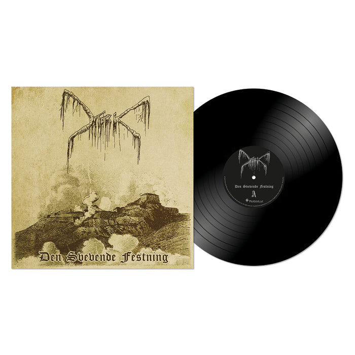 A limited black vinyl record by Mork, partially out of its cover. The sleeve displays Mork’s dripping logo, an old fortress with smoke, and the album title "Den Svävende Festning" in gothic text—a bold Norwegian black metal design.