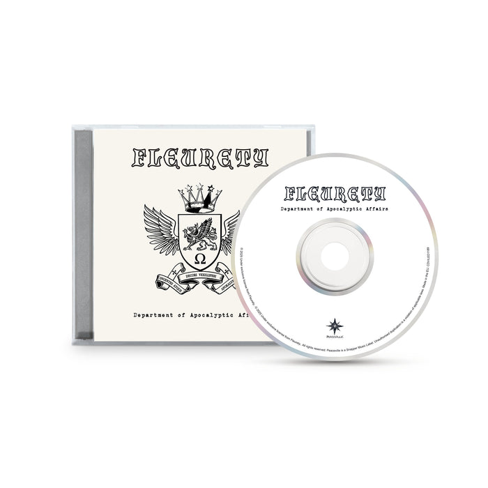 A CD and case of FLEURETY's remastered Department of Apocalyptic Affairs, with a black and white crest—lion, crown, eagle wings, Omega symbol—on cover and disc; a true classic for black metal fans.