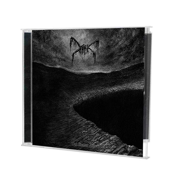 A CD case from Mork with a black and white cover shows a dark, surreal landscape beneath a cloudy sky. A jagged, abstract logo appears above the text "Det Sorte Smil," capturing the chilling essence of Norwegian Black Metal.