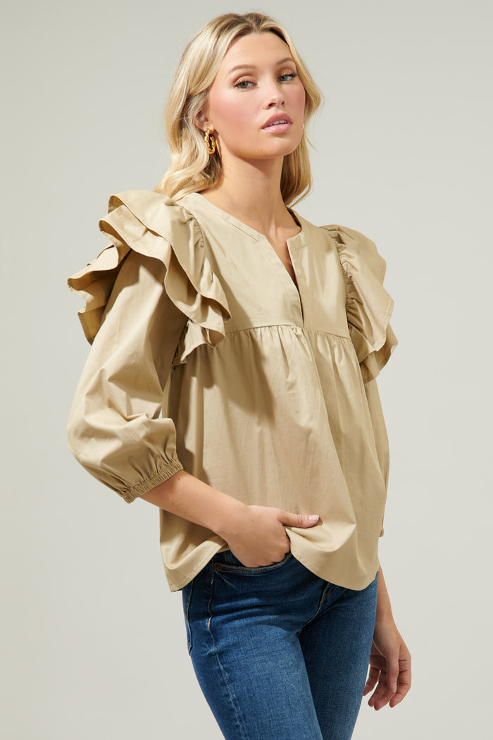 Double Down Poplin Split Neck Blouse