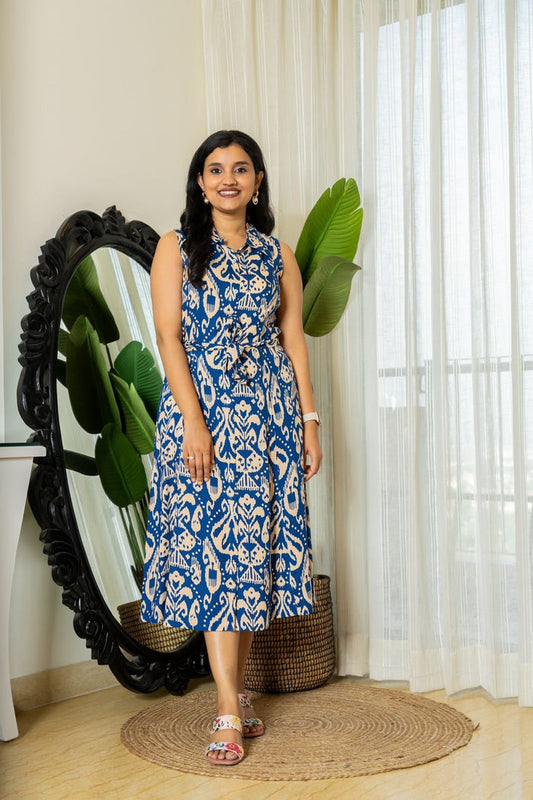 Dress with Pocket- Royal Blue Ikkat Print