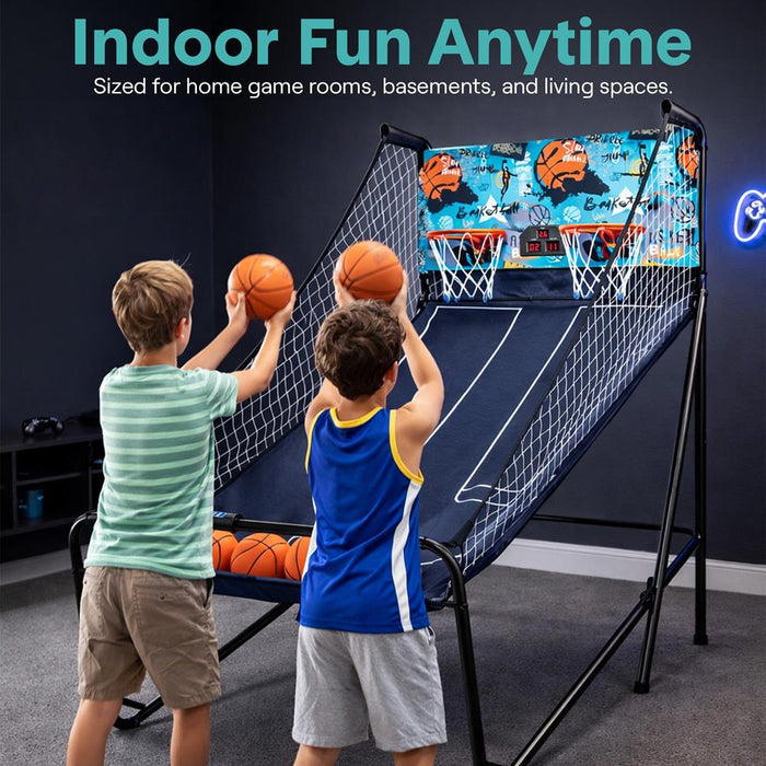 Dual Hoop Basketball Game - LED Scoreboard, Foldable, 5 Balls Included