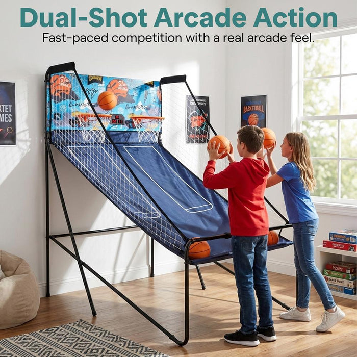 Dual Hoop Basketball Game - LED Scoreboard, Foldable, 5 Balls Included
