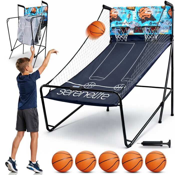 Dual Hoop Basketball Game - LED Scoreboard, Foldable, 5 Balls Included