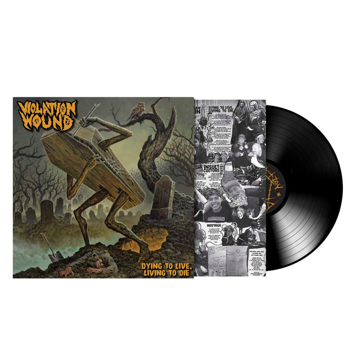 A vinyl record by Violation Wound partially out of its sleeve, which features coffin artwork with skeleton arms and legs walking in a graveyard. The punk album title reads “Dying to Live, Living to Die.”.