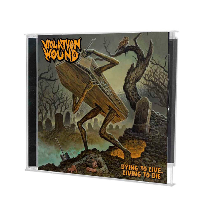 A CD case with a wooden object on it, exuding punk vibes and the raw energy of Violation Wound’s "Dying to Live Living to Die.