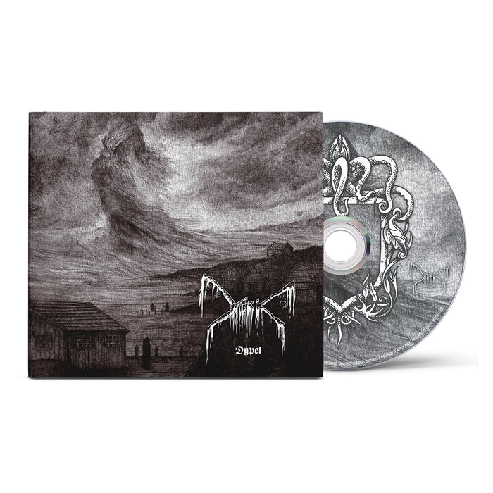 A CD and cover from Mork's sixth album "Dypt" display black-and-white art of a stormy landscape with buildings, mountains, and skeletal trees. The white, dripping Mork logo appears beside the album title.