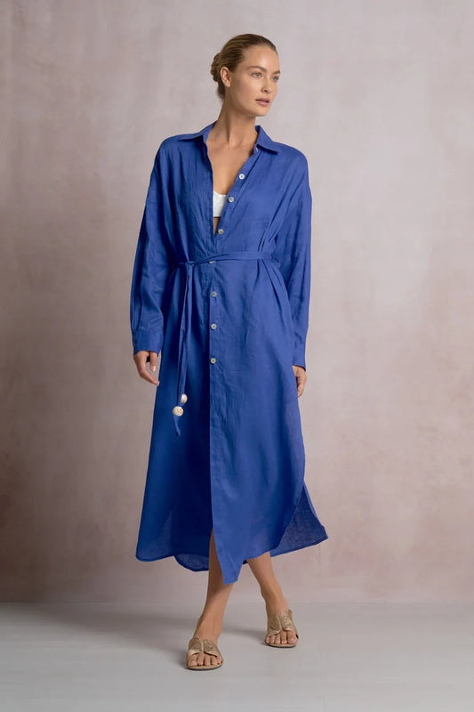 blue button down dress with tie waist