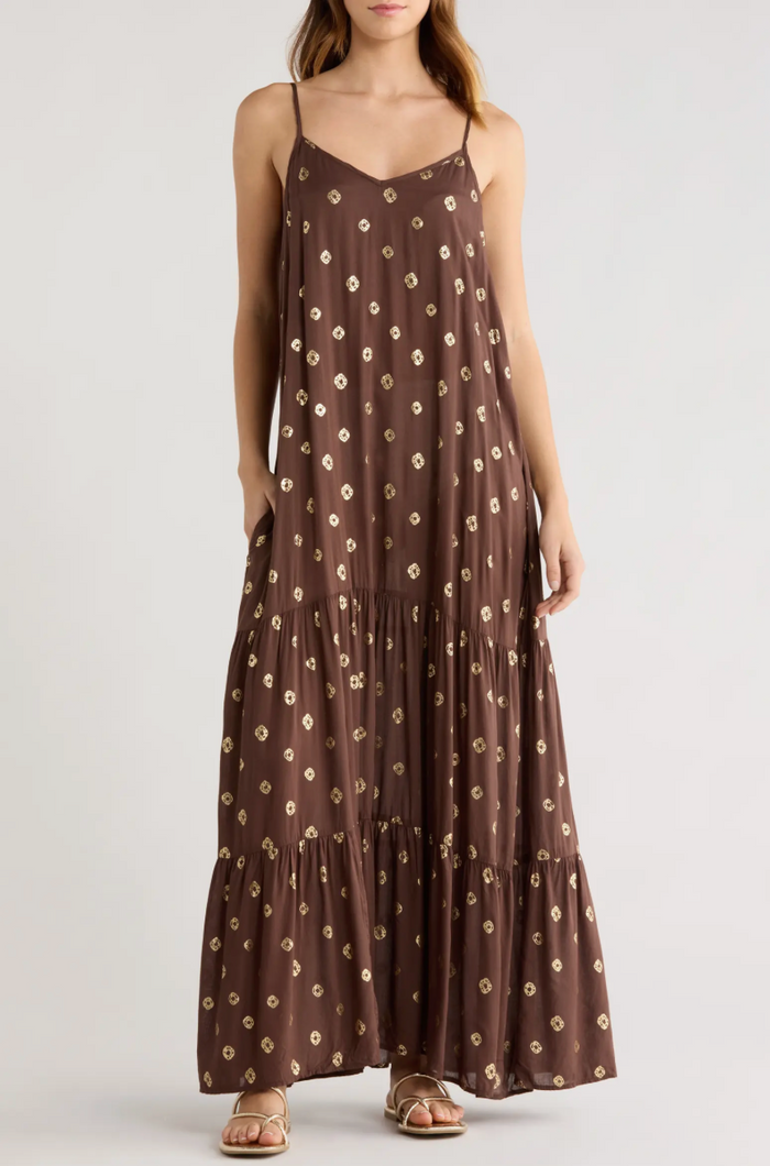 brown spaghetti strap maxi with gold dots