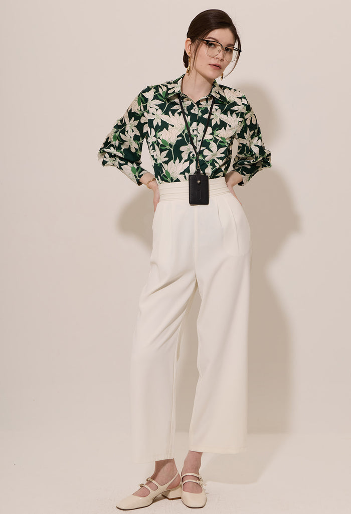 Elastic Pleated Waist Wide-Leg Trousers
