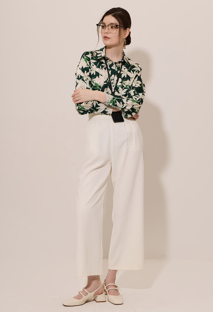 Elastic Pleated Waist Wide-Leg Trousers