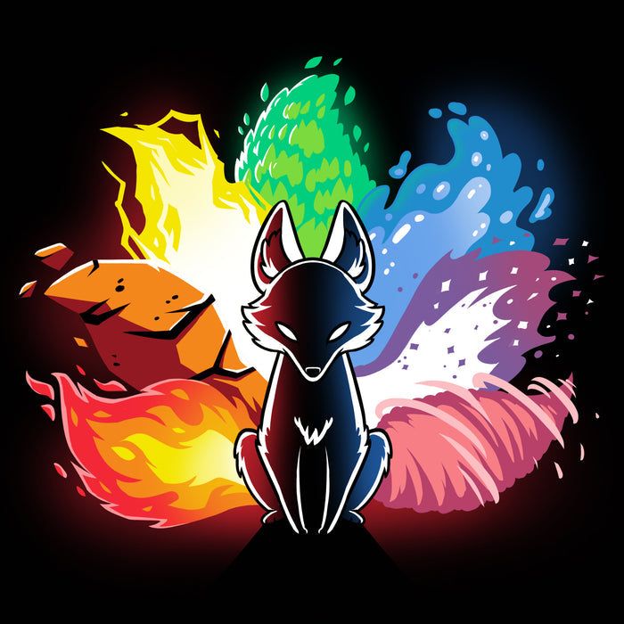 Premium Cotton T-shirt_TeeTurtle black 
Elemental Kitsune featuring elements of fire, water, earth, and air surrounding it. The fox is in a sitting position with a black body and glowing eyes. This design graces our monsterdigital Elemental Kitsune, offering both comfort and style.