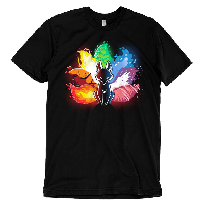 Premium Cotton T-shirt_TeeTurtle black  Elemental Kitsune featuring elements of fire, water, earth, and air surrounding it. The fox is in a sitting position with a black body and glowing eyes. This design graces our monsterdigital Elemental Kitsune, offering both comfort and style.