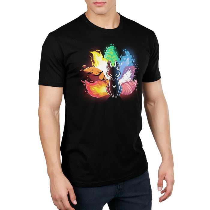 Premium Cotton T-shirt_TeeTurtle black  Elemental Kitsune featuring elements of fire, water, earth, and air surrounding it. The fox is in a sitting position with a black body and glowing eyes. This design graces our monsterdigital Elemental Kitsune, offering both comfort and style.