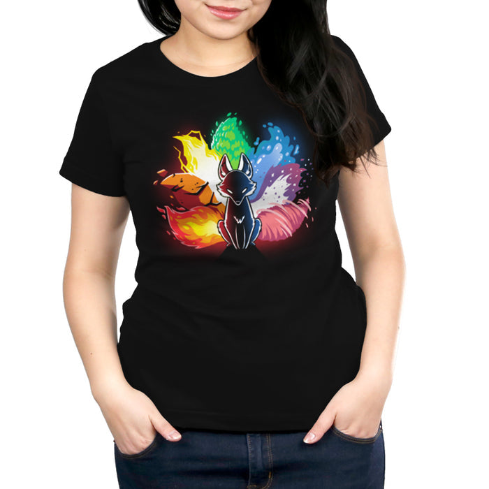 Premium Cotton T-shirt_TeeTurtle black  Elemental Kitsune featuring elements of fire, water, earth, and air surrounding it. The fox is in a sitting position with a black body and glowing eyes. This design graces our monsterdigital Elemental Kitsune, offering both comfort and style.