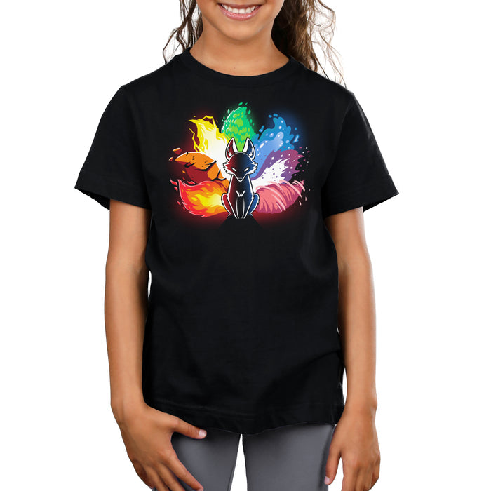 Premium Cotton T-shirt_TeeTurtle black  Elemental Kitsune featuring elements of fire, water, earth, and air surrounding it. The fox is in a sitting position with a black body and glowing eyes. This design graces our monsterdigital Elemental Kitsune, offering both comfort and style.