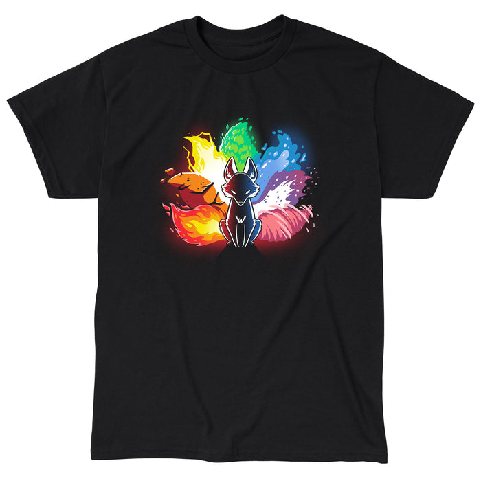 Classic Cotton T-shirt_TeeTurtle black  Elemental Kitsune featuring elements of fire, water, earth, and air surrounding it. The fox is in a sitting position with a black body and glowing eyes. This design graces our monsterdigital Elemental Kitsune, offering both comfort and style.
