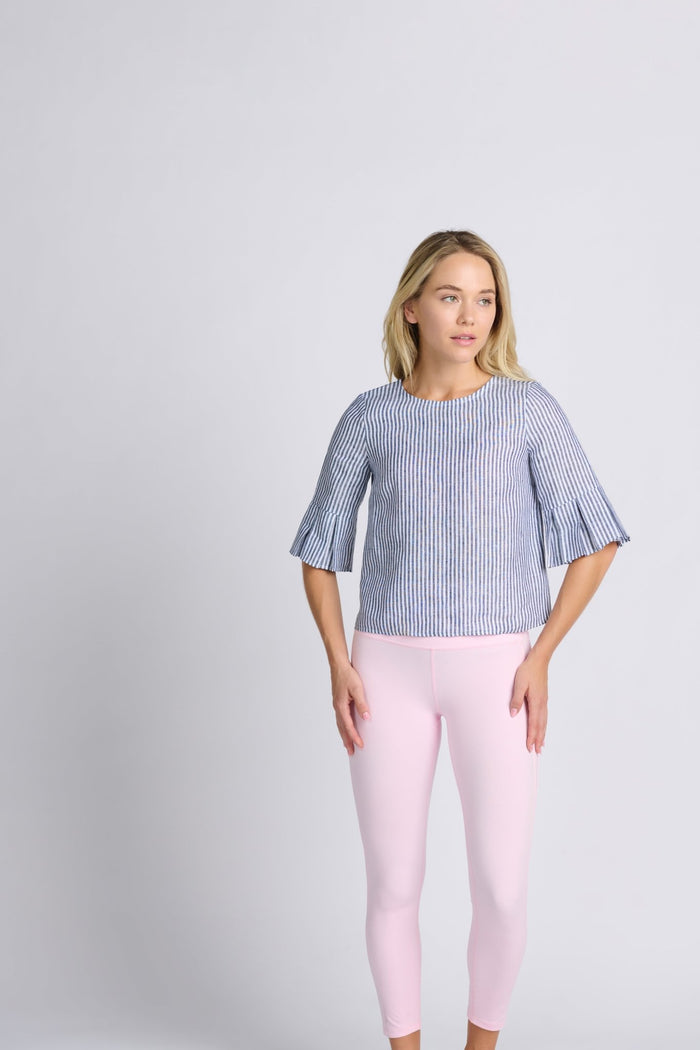 Woman wear blue and white striped linen round neck blouse with sleeve pleats - ANNIE.G
